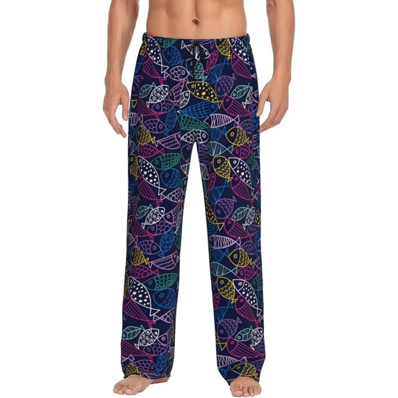 Yiaed Cute Line Fish Print Men's Lounge Pants, Loose PJ Bottoms, Long Pajama Pants for Men-Small