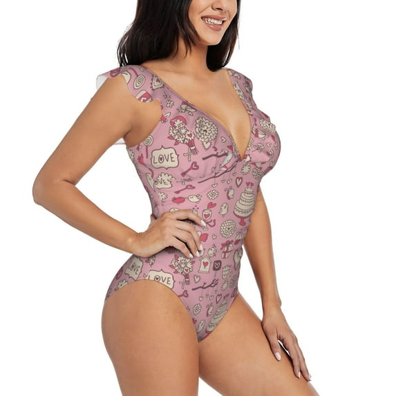 Yiaed Cute Love Print Women's Ruffled One Piece Swimsuit V Neck Swimwear Slimming Monokini for Woman-XX-Large