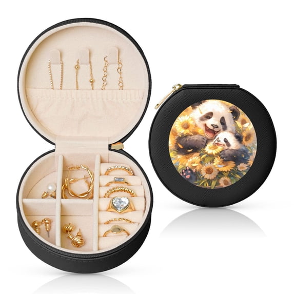 Yiaed Cute Panda Sunflower Print Travel Jewelry Case Bridesmaid Gift Boxes Jewelry Travel Organizer Small Round Jewelry Box Mini Storage-Black