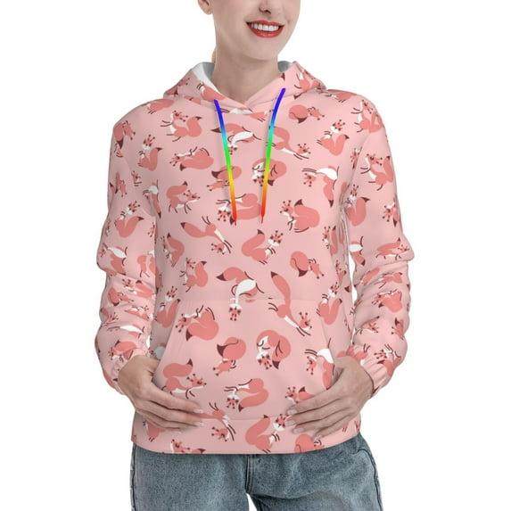 Yiaed Cute Pink Squirrel Print Womens Casual Hoodies Crew Neck Long Sleeve Sweatshirts With Pocket Pullover Tops Women's Hooded Sweatshirt-Medium