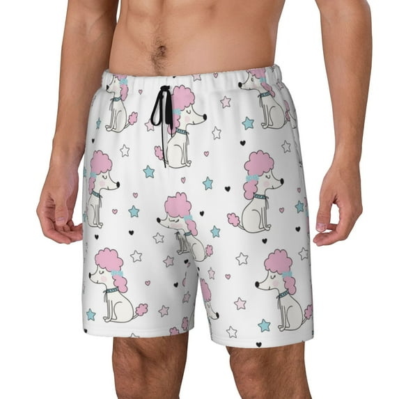 Yiaed Cute Poodle Dog Print Mens Swim Trunks Bathing Suit Compression Liner Beach Swim Shorts Swimwear Quick Dry Zipper Pocket No-Chafing Board Short-X-Large