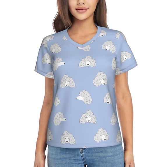 Yiaed Cute Poodle Dog Print Women's T Shirt V-Neck Short Sleeve Shirt Casual Breathable Tee Summer Tops-XX-Large