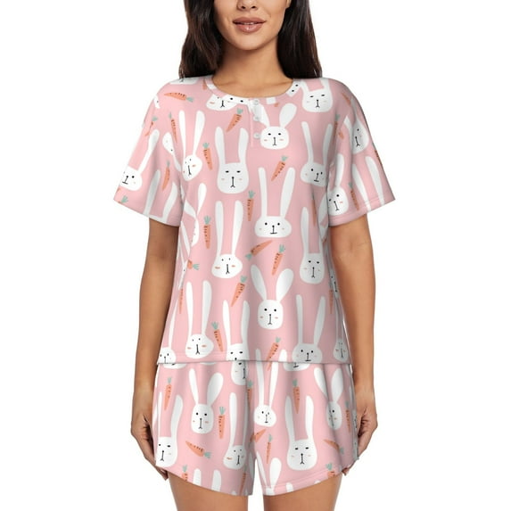 Yiaed Cute Rabbit Carrot Print Short Sleeve Pajama Sets for Women Casual Crew Neck 2 Piece Lounge Sets Women's Short-Sleeved Pajama-Small