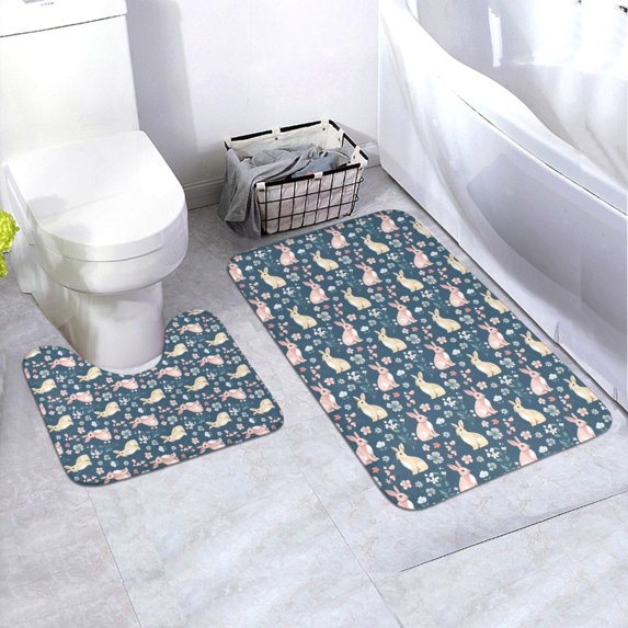 Yiaed Cute Rabbit Floral Print Bathroom Mat Set 2 Pieces Mat Anti-Skid Pad Ultra Soft and Absorbent Bathroom Bath Mat Contour Bath Rugs for Toilet Base