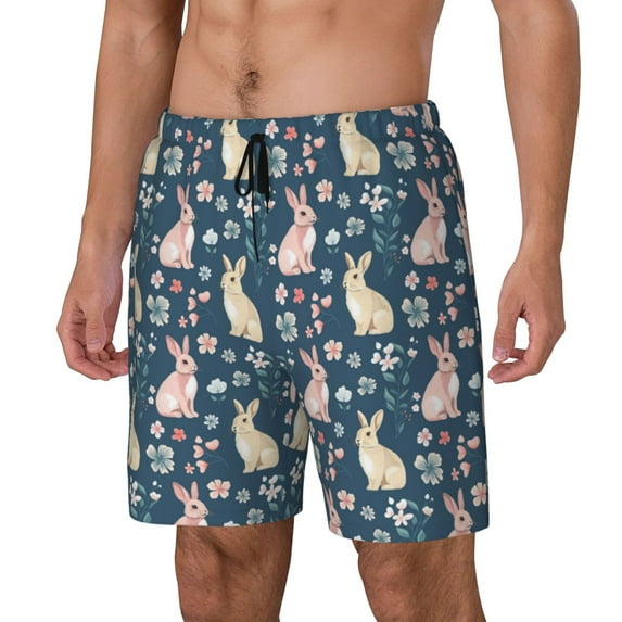 Yiaed Cute Rabbit Floral Print Mens Swim Trunks Bathing Suit Compression Liner Beach Swim Shorts Swimwear Quick Dry Zipper Pocket No-Chafing Board Short-3X-Large