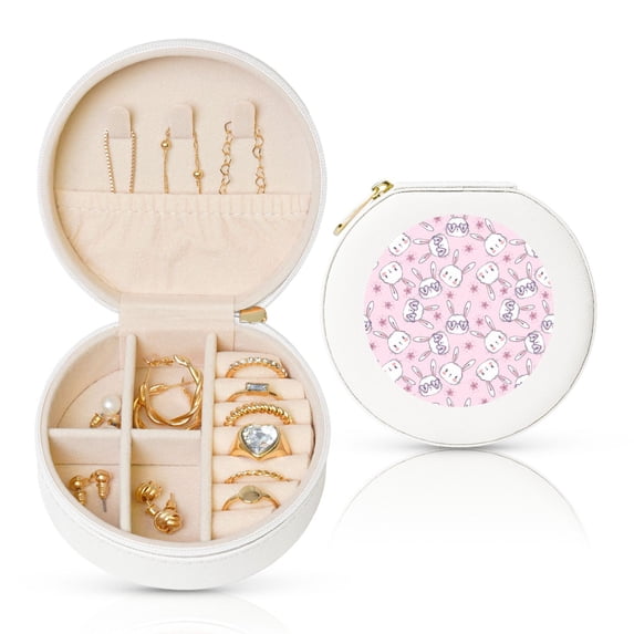 Yiaed Cute Rabbit Flower Print Travel Jewelry Case Bridesmaid Gift Boxes Jewelry Travel Organizer Small Round Jewelry Box Mini Storage-White