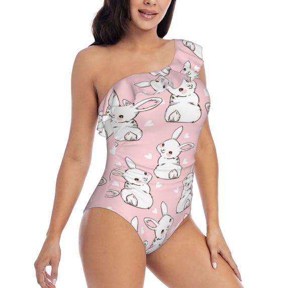 Yiaed Cute Rabbit Print Women One Piece Swimsuits Tummy Control One Shoulder Bathing Suits Pattern Ruffle Swimwear-XX-Large