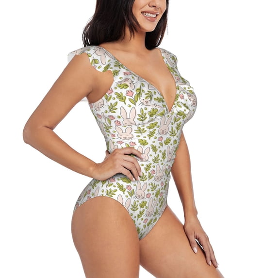 Yiaed Cute Rabbit Print Women's Ruffled One Piece Swimsuit V Neck Swimwear Slimming Monokini for Woman-Large