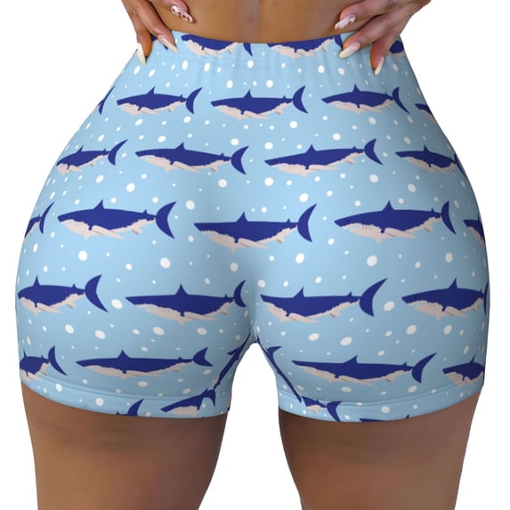 Yiaed Cute Shark Print Women's Athletic Shorts Running Shorts Sporty Short High Waisted Elastic Workout Shorts for Yoga Gym Running & Sports -XX-Large