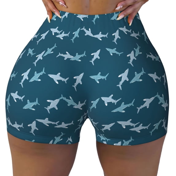 Yiaed Cute Shark Print Women's Athletic Shorts Running Shorts Sporty Short High Waisted Elastic Workout Shorts for Yoga Gym Running & Sports -Large