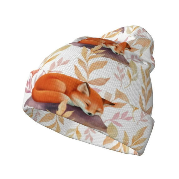 Yiaed Cute Sleepy Fox Print Winter Beanie for Men Women, Fleece Lined Beanie Soft Warm Knit Hat Ski Stocking Cuffed Ca