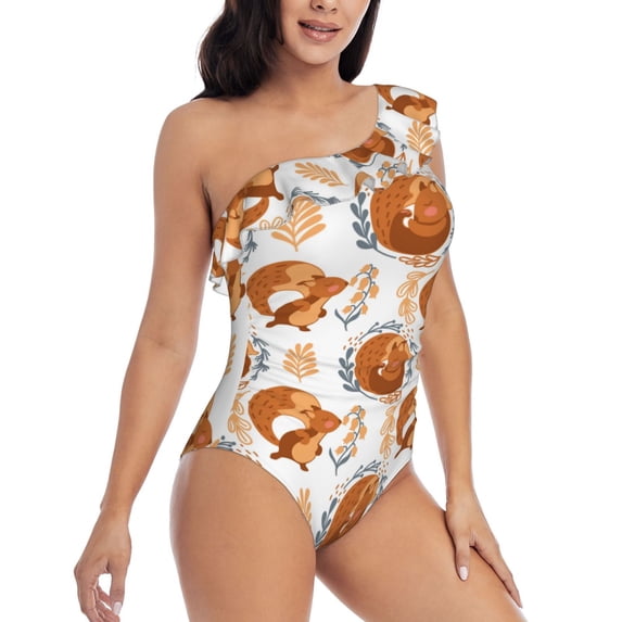 Yiaed Cute Squirrel Print Women One Piece Swimsuits Tummy Control One Shoulder Bathing Suits Pattern Ruffle Swimwear-Medium