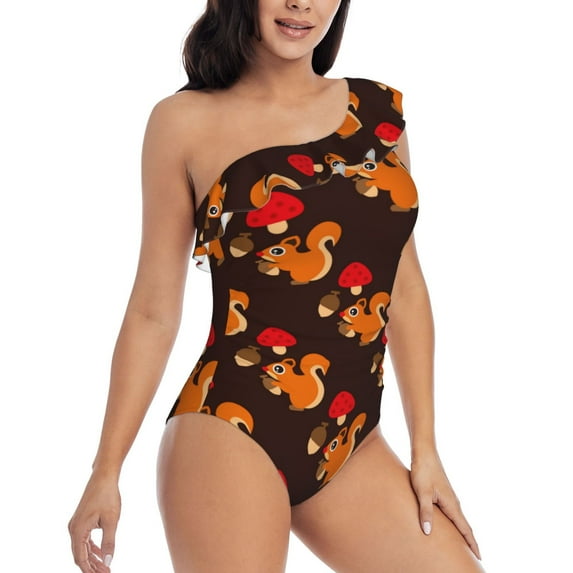 Yiaed Cute Squirrel Print Women One Piece Swimsuits Tummy Control One Shoulder Bathing Suits Pattern Ruffle Swimwear-X-Large