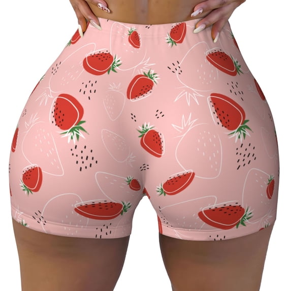 Yiaed Cute Strawberry C Print Women's Athletic Shorts Running Shorts Sporty Short High Waisted Elastic Workout Shorts for Yoga Gym Running & Sports -Large