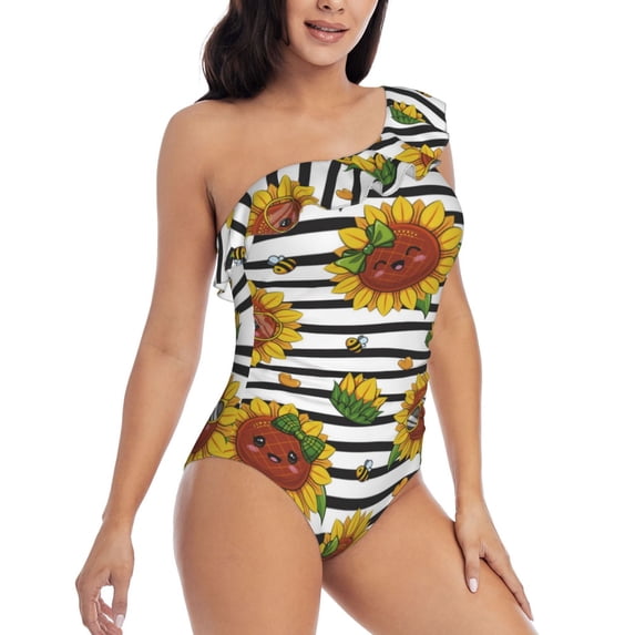 Yiaed Cute Sunflowers Print Women One Piece Swimsuits Tummy Control One Shoulder Bathing Suits Pattern Ruffle Swimwear-XX-Large