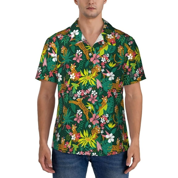 Yiaed Cute Tribal Leopards Print Hawaiian Shirt for Men Short Sleeve Button Down Shirts Beach Shirts for Men-Small