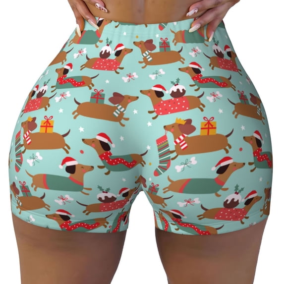 Yiaed Dachshund Christmas Play Print Women's Athletic Shorts Running Shorts Sporty Short High Waisted Elastic Workout Shorts for Yoga Gym Running & Sports -X-Large