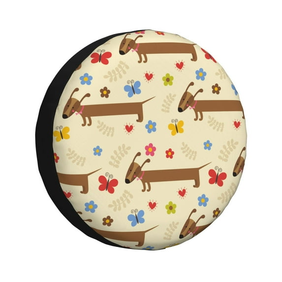 Yiaed Dachshund Dog And Flower Print Tire Wheel Cover, Waterproof Spare Tire Cover Fit for Jeep, Truck,Trailer, RV, SUV, Camper and Most Vehicle-16 inch