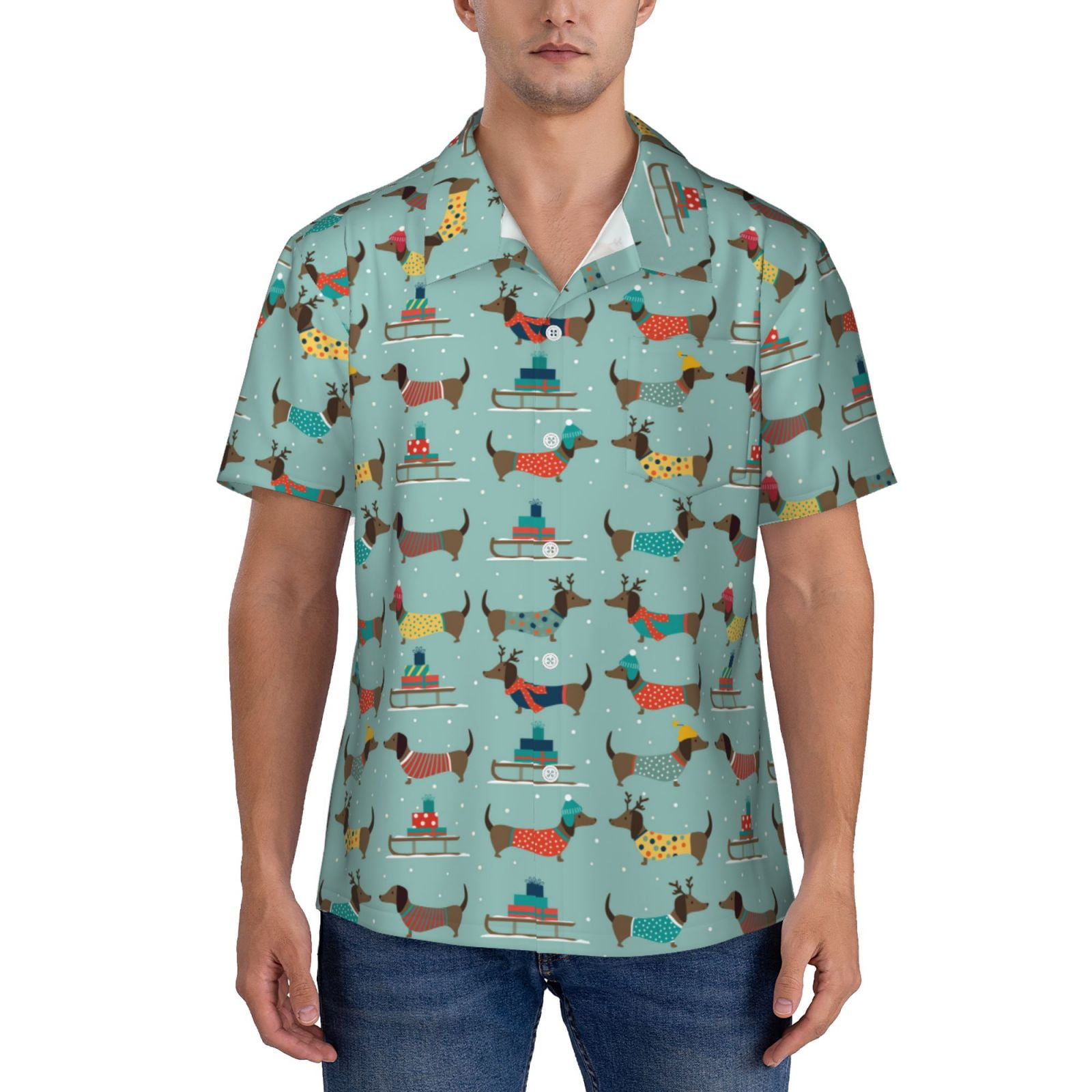 Yiaed Dachshund Dog Puppy Print Hawaiian Shirt for Men Short Sleeve