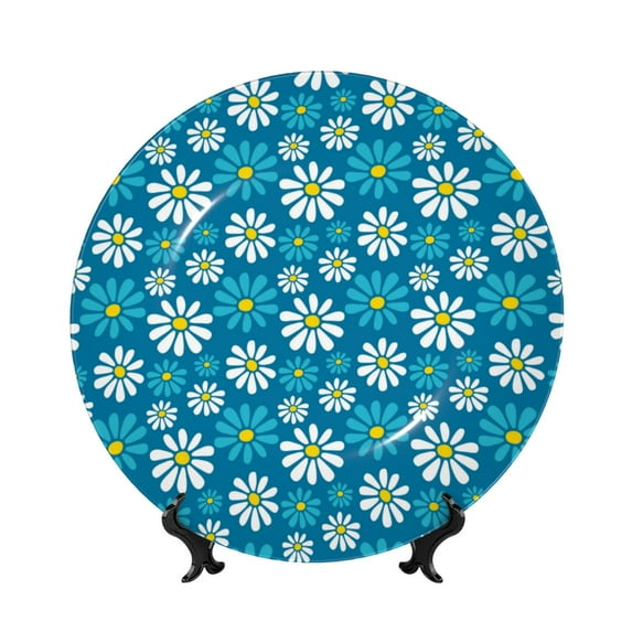 Yiaed Daisies Flowers Print Bone China Decorative Plate Ceramic Dinner Plates Art Crafts with Display Stand-7in