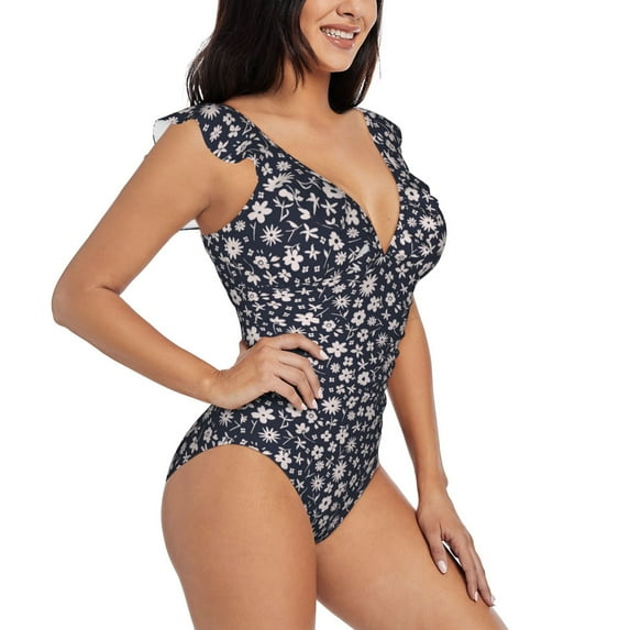 Yiaed Daisies Flowers Print Women's Ruffled One Piece Swimsuit V Neck Swimwear Slimming Monokini for Woman-Large