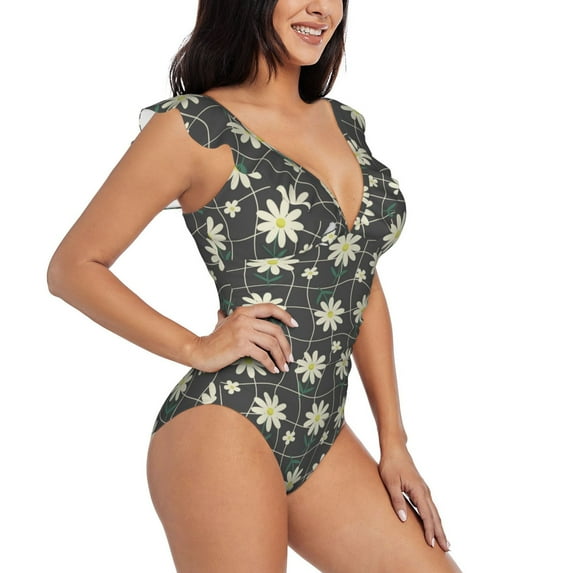 Yiaed Daisies Flowers Print Women's Ruffled One Piece Swimsuit V Neck Swimwear Slimming Monokini for Woman-XX-Large