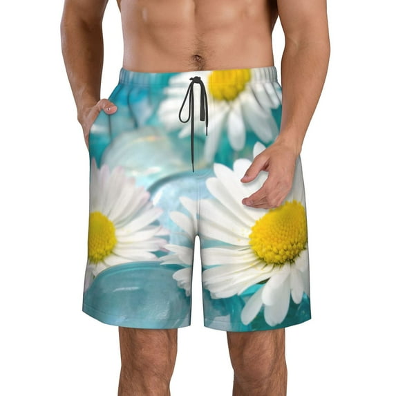 Yiaed Daisy Flowers Print Men's Swim Trunks with Lining Quick Dry Sports Shorts Beach Shorts Boardshorts-Large