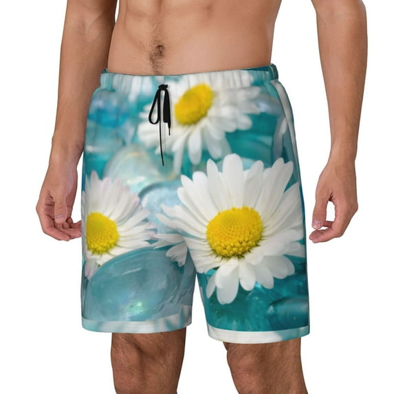 Yiaed Daisy Flowers Print Mens Swim Trunks Bathing Suit Compression Liner Beach Swim Shorts Swimwear Quick Dry Zipper Pocket No-Chafing Board Short-Medium