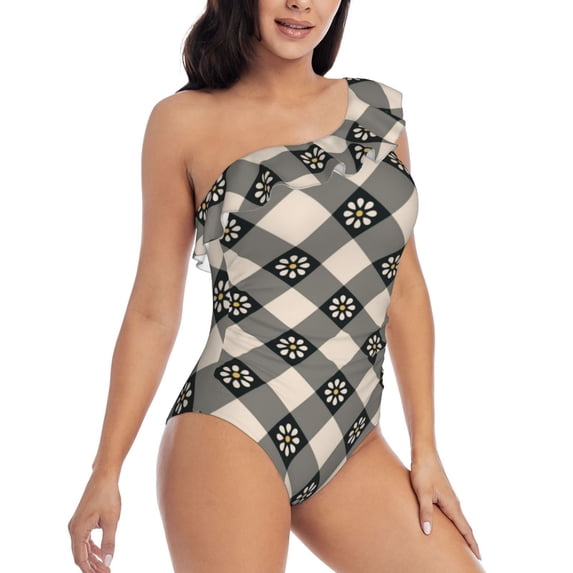 Yiaed Daisy Plaid Black Print Women One Piece Swimsuits Tummy Control One Shoulder Bathing Suits Pattern Ruffle Swimwear-Medium