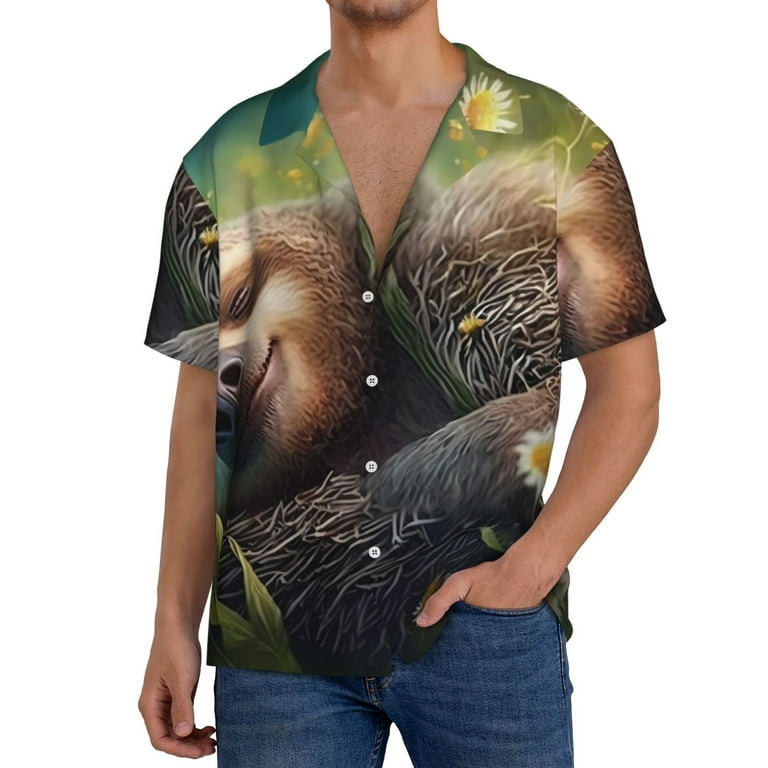 Yiaed Daisy Sleeping Sloth Print Mens Casual Wrinkle Free Shirts Short Sleeve Button Down Summer Stretch Dress Shirt Medium