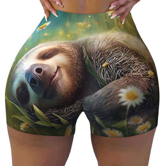 Yiaed Daisy Sleeping Sloth Print Women's Athletic Shorts Running Shorts Sporty Short High Waisted Elastic Workout Shorts for Yoga Gym Running & Sports -Medium