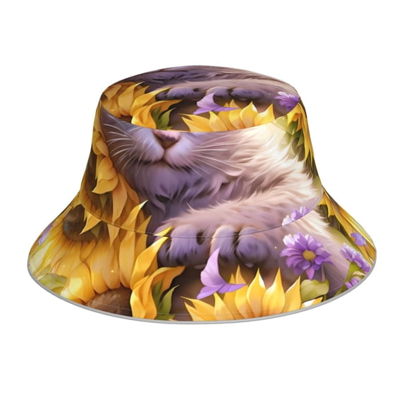Yiaed Daisy Sunflower Lazy Cat Print Reflective Stripe Bucket Hat Unisex Funny Outdoor Fisherman Cap Beach Sun Hat