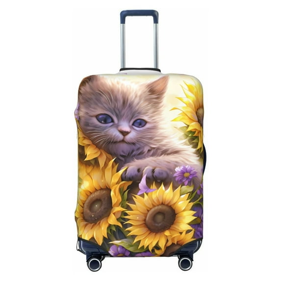 Yiaed Daisy Sunflower Lazy Cat Print Travel Luggage Cover Suitcase Protector Fits 18-32 Inch Luggage Wheel Covers Patterned Elastic Luggage Anti-scratch(No luggage)-Large