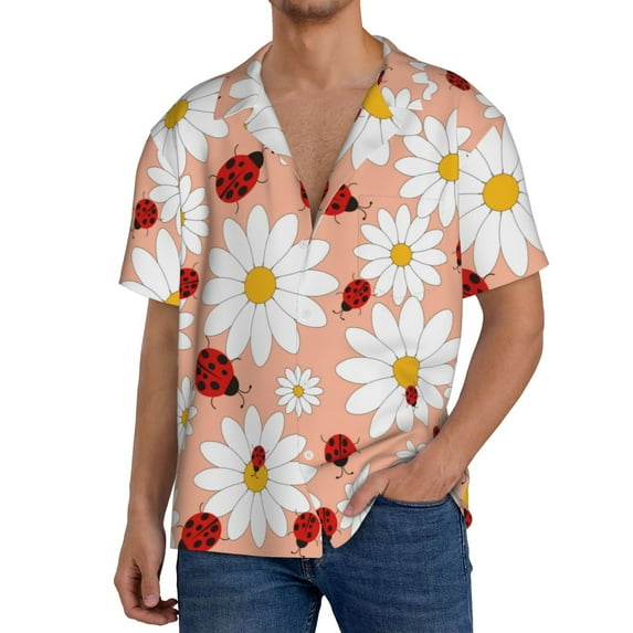 Yiaed Daisy and Ladybug Print Mens Casual Wrinkle Free Shirts Short Sleeve Button Down Summer Stretch Dress Shirt-Medium