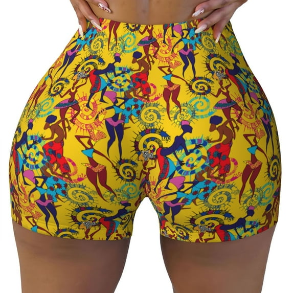 Yiaed Dancing African Women Print Women's Athletic Shorts Running Shorts Sporty Short High Waisted Elastic Workout Shorts for Yoga Gym Running & Sports -Large