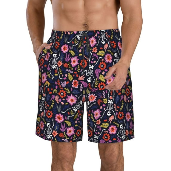 Yiaed Dancing Skeletons Floral Garden Print Men's Swim Trunks with Lining Quick Dry Sports Shorts Beach Shorts Boardshorts-Large