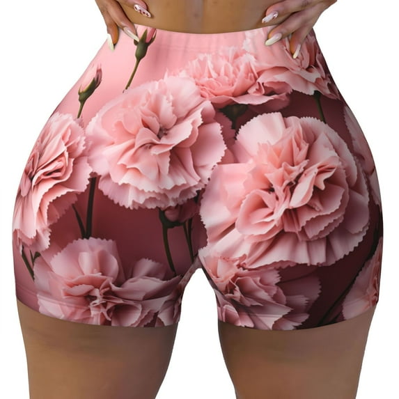 Yiaed Delicate Pink Carnations Print Women's Athletic Shorts Running Shorts Sporty Short High Waisted Elastic Workout Shorts for Yoga Gym Running & Sports -Large