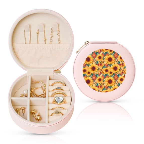 Yiaed Diamond Bohemian Sunflower Print Travel Jewelry Case Bridesmaid Gift Boxes Jewelry Travel Organizer Small Round Jewelry Box Mini Storage-Pink