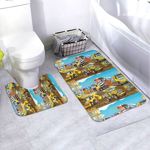 Yiaed Different Construction Site Vehicles Print Bathroom Mat Set 2 Pieces Mat Anti-Skid Pad Ultra Soft and Absorbent Bathroom Bath Mat Contour Bath Rugs for Toilet Base