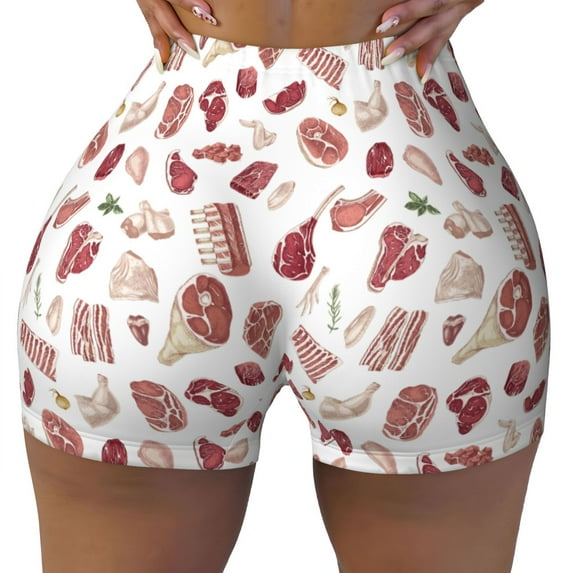 Yiaed Different Meat Print Women's Athletic Shorts Running Shorts Sporty Short High Waisted Elastic Workout Shorts for Yoga Gym Running & Sports -XX-Large