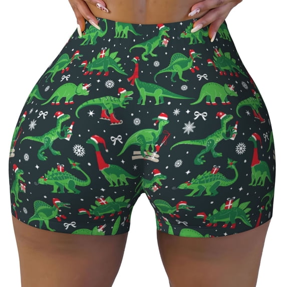 Yiaed Dino Christmas Party Print Women's Athletic Shorts Running Shorts Sporty Short High Waisted Elastic Workout Shorts for Yoga Gym Running & Sports -X-Large