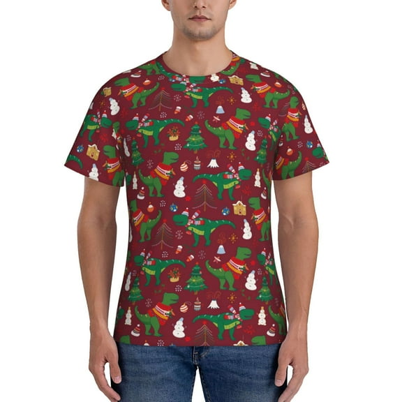 Yiaed Dinosaur Christmas Print Mens Short Sleeve Tight Fit T-Shirt, Crewneck Casual Tee-3X-Large