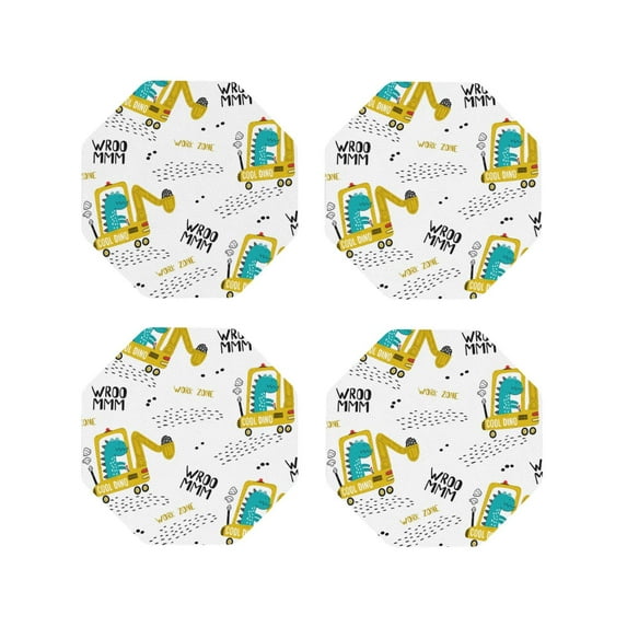 Yiaed Dinosaur on Excavator Print Leather Coasters for Drinks - Cup Coasters Coffee Table Kitchen Table Bar, Home & Office Gifts Handmade Drink Coasters-Octagon