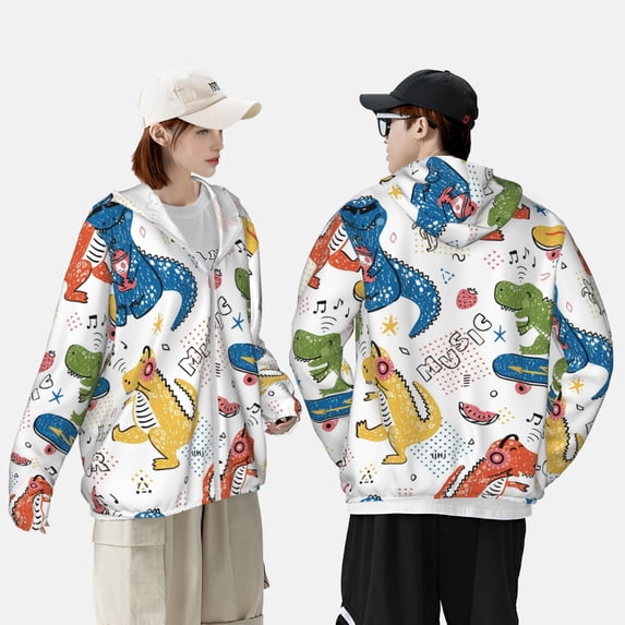 Yiaed Dinosaur Print Sun Shirts UPF 50+ Protection Hoodie Rash Guard Shirt UV Shirt Long Sleeve Fishing Outdoor Lightweightase-Large