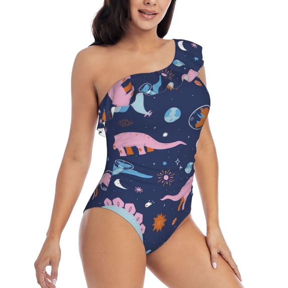 Yiaed Dinosaur Print Women One Piece Swimsuits Tummy Control One Shoulder Bathing Suits Pattern Ruffle Swimwear-Large