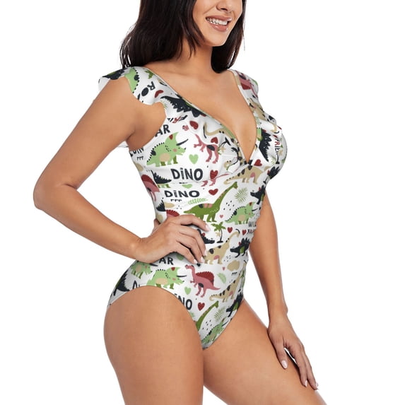 Yiaed Dinosaur Print Women's Ruffled One Piece Swimsuit V Neck Swimwear Slimming Monokini for Woman-Medium