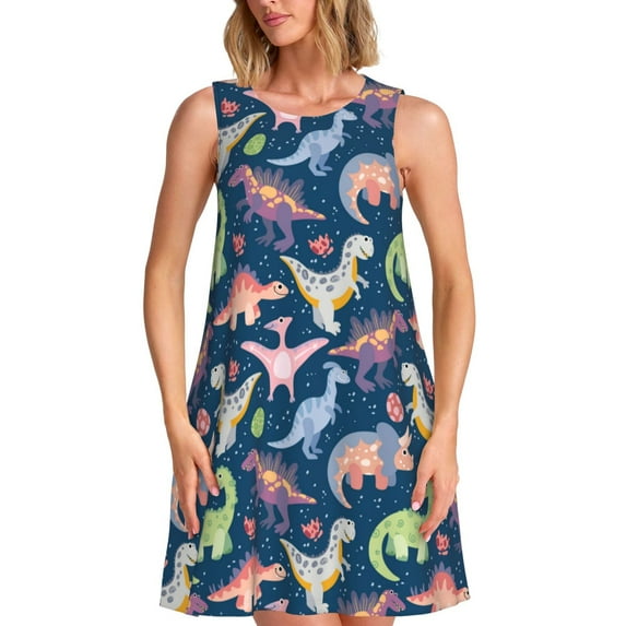 Yiaed Dinosaur Print Women's Sleeveless Dress, Loose Fit Summer Dress, Casual Sleeveless Dress for Women