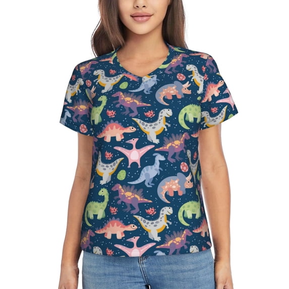 Yiaed Dinosaur Print Women's T Shirt V-Neck Short Sleeve Shirt Casual Breathable Tee Summer Tops-Small