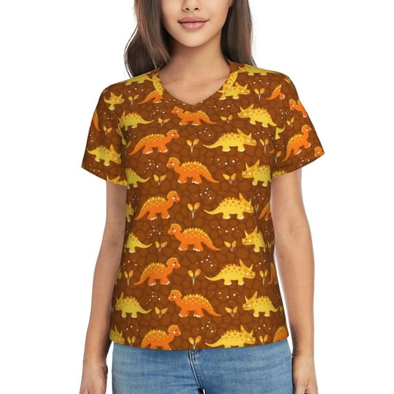 Yiaed Dinosaurs and Leaves Print Women's T Shirt V-Neck Short Sleeve Shirt Casual Breathable Tee Summer Tops-X-Large