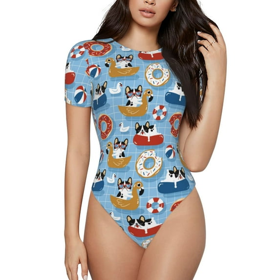 Yiaed Dogs With Pool Floats Print Women's Waist-Cinching Short-Sleeved Onesie,Elastic Onesiet,Snaps At Bottom,Easy To Put On And Take Off for Wome Bodysuit-X-Large